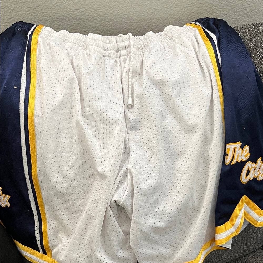 White Mesh Athletic Shorts with Navy & Gold Trim